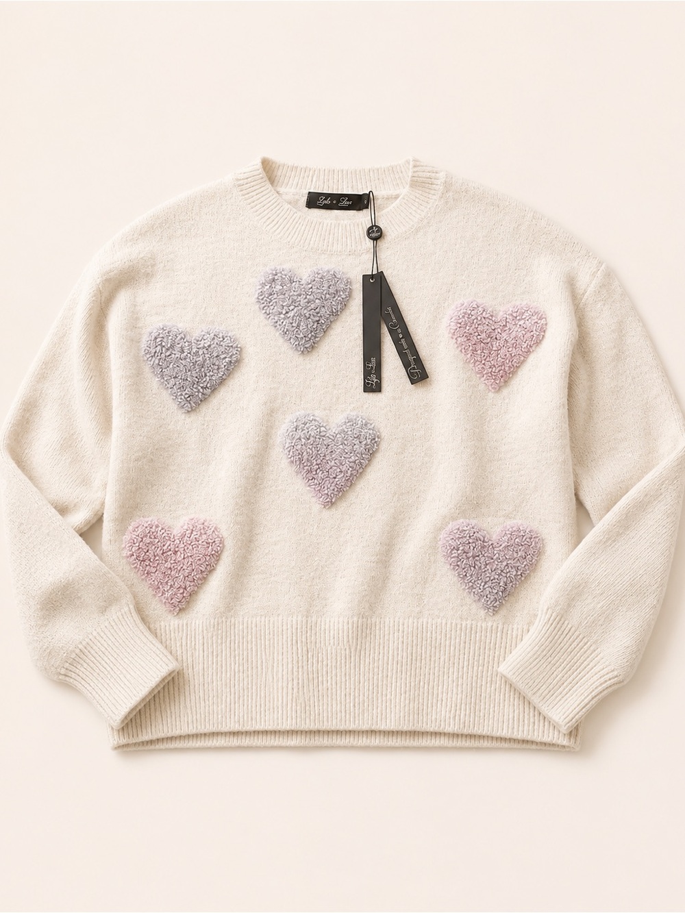 Cozy Cream Crewneck Sweater with Pastel Heart Appliqués